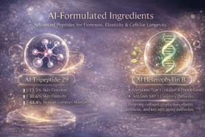 Luxury AI peptide serum technology diagram illustrating AI Tripeptide-29 and AI Heterophyllin B effects on skin firmness, elasticity, hydration, collagen, and anti-aging.