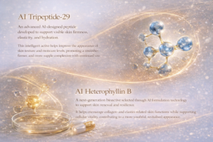 Luxury AI peptide serum technology diagram illustrating AI Tripeptide-29 and AI Heterophyllin B effects on skin firmness, elasticity, hydration, collagen, and anti-aging.