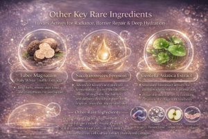 Luxury skincare ingredient visual featuring Italy white truffle extract, Saccharomyces ferment, and Centella Asiatica, highlighting rare actives for skin brightening, barrier repair, hydration, and collagen regeneration.