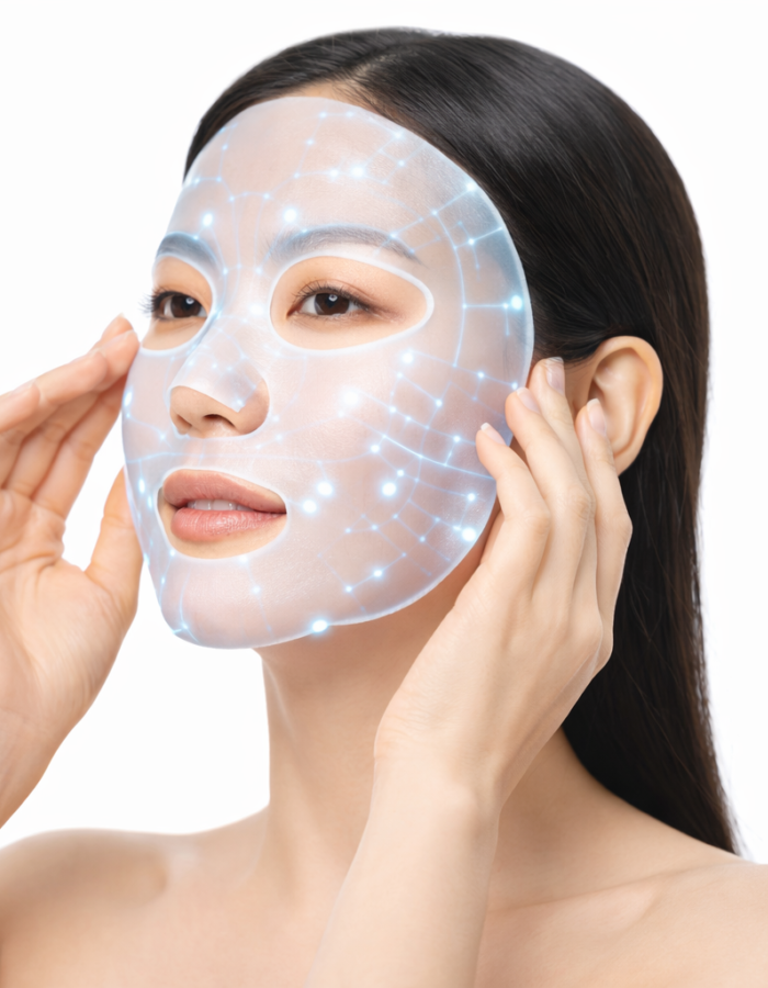 Korean woman applying an AI-inspired digital facial sheet mask with glowing technology patterns against a pure white background, representing advanced skincare and intelligent skin treatment.
