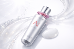 LA EXOMÉ AI Supramolecular Essence bottle displayed horizontally on a luminous white background with fluid texture accents, showcasing AI-powered luxury skincare.